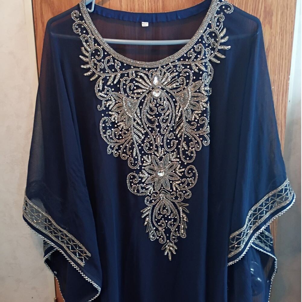 Hand Beaded Indian Kaftan Robe One Size Floor Length Sheer Statement Caftan - Picture 2 of 13
